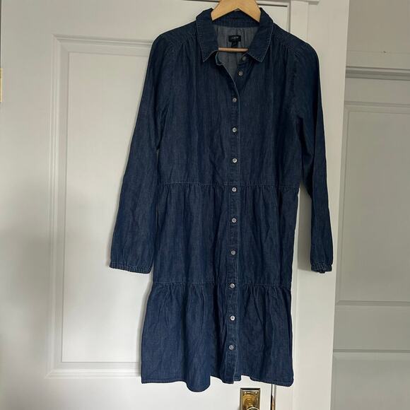 J. Crew Chambray Collared Shirtdress Women’s 14 Blue Western Boho Button Up Mini - Picture 2 of 8